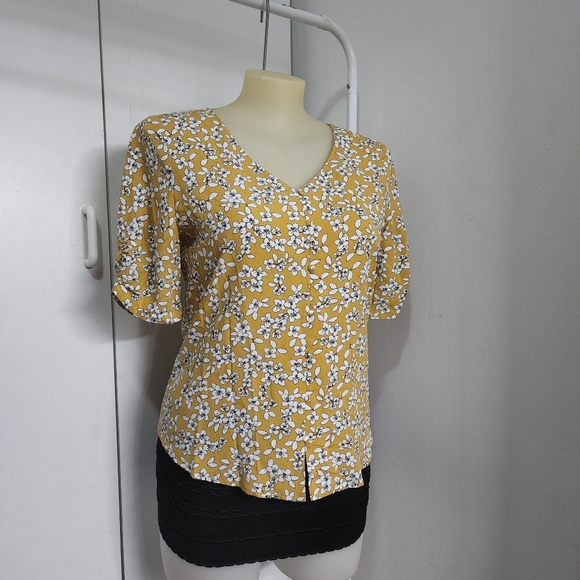 Aus12 Jacqui E Yellow White Floral Front Button Up Short Sleeve Blouse - Picture 15 of 16